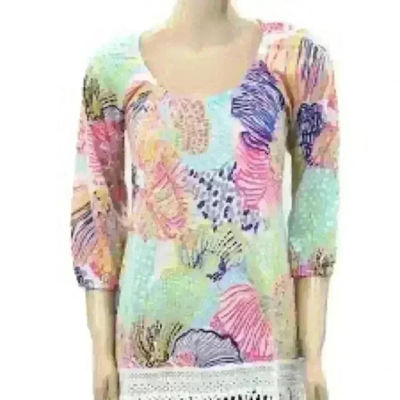 Lilly Pulitzer Alia fringe bottom off the shoulder 100% cotton tunic top - Picture 3 of 10